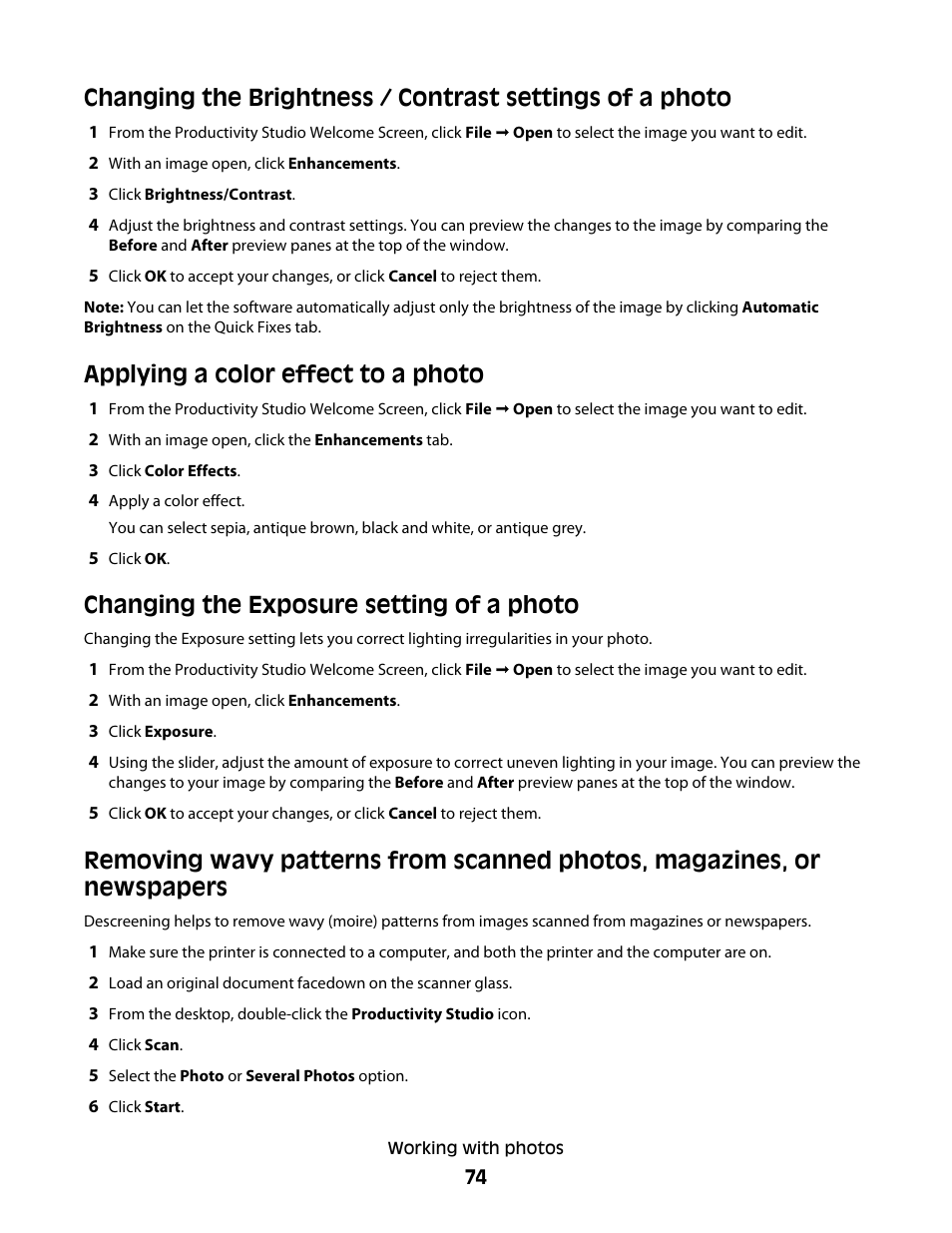 Applying a color effect to a photo, Changing the exposure setting of a photo | Lexmark 5300 Series User Manual | Page 74 / 194