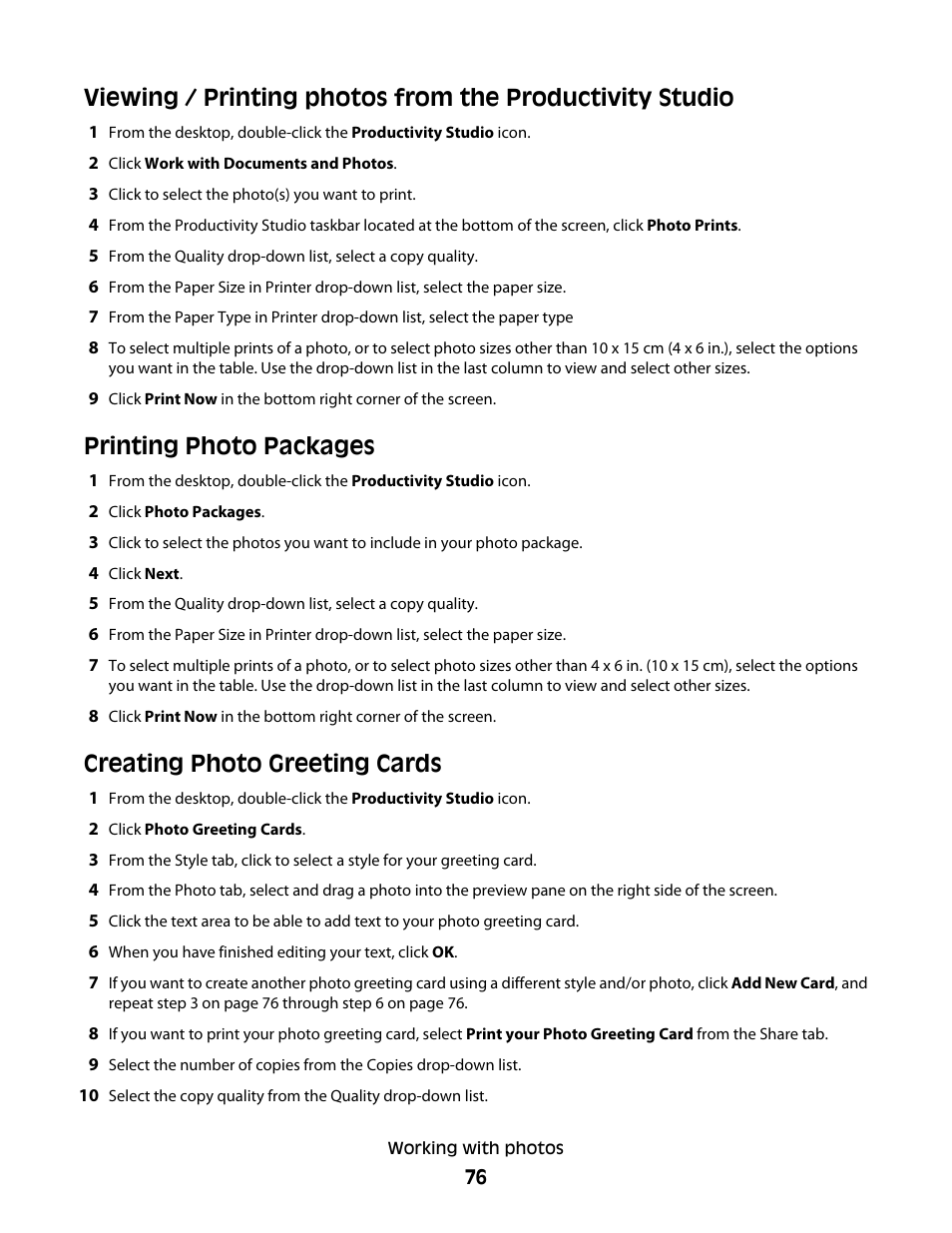 Printing photo packages, Creating photo greeting cards | Lexmark 5300 Series User Manual | Page 76 / 194