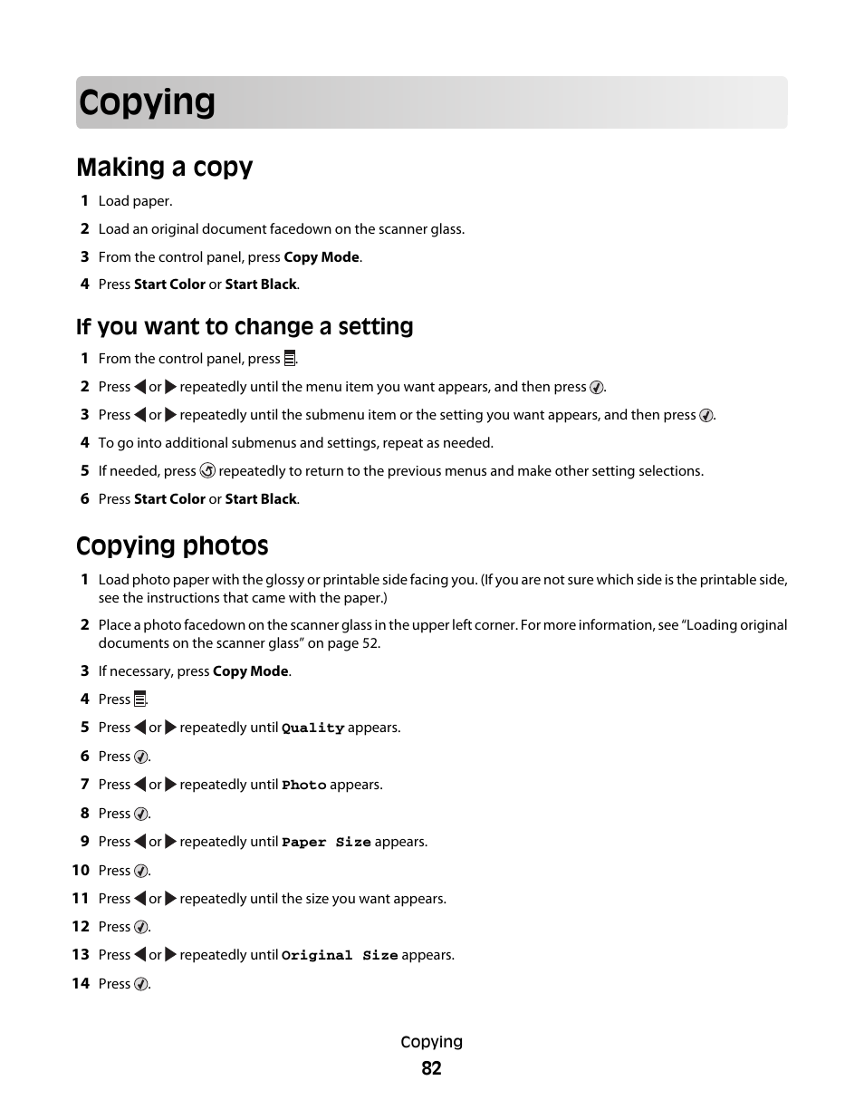 Copying, Making a copy, Copying photos | If you want to change a setting | Lexmark 5300 Series User Manual | Page 82 / 194