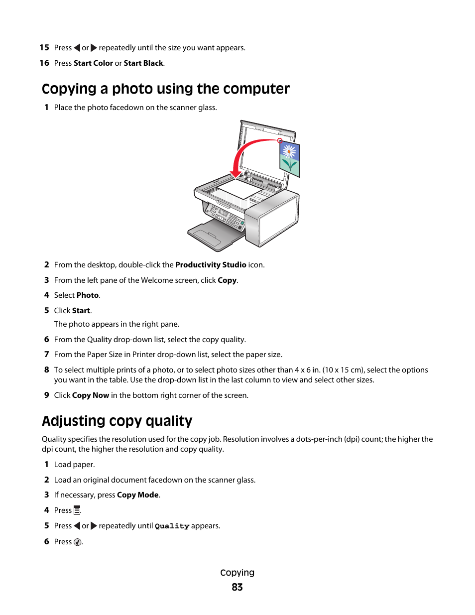 Copying a photo using the computer, Adjusting copy quality | Lexmark 5300 Series User Manual | Page 83 / 194