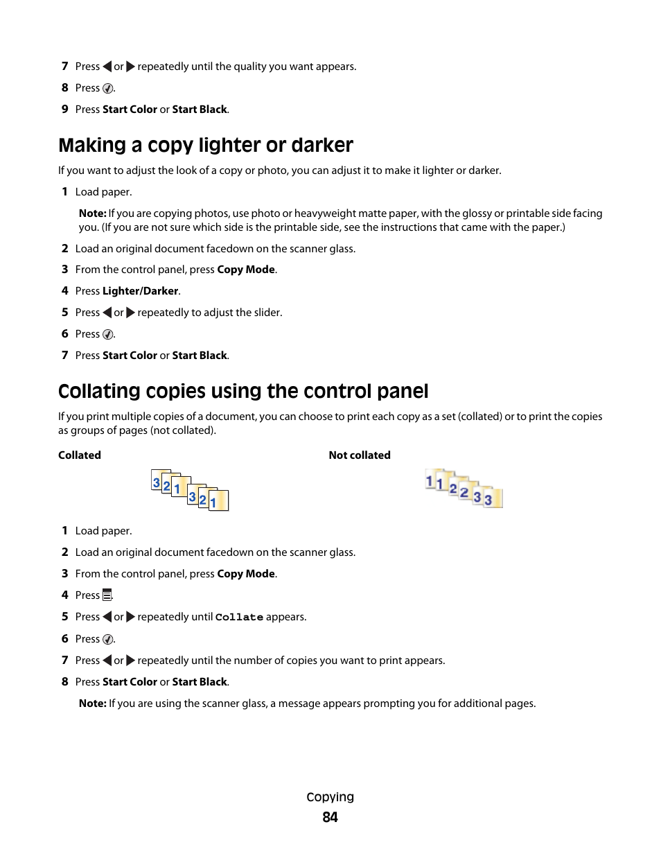 Making a copy lighter or darker, Collating copies using the control panel | Lexmark 5300 Series User Manual | Page 84 / 194