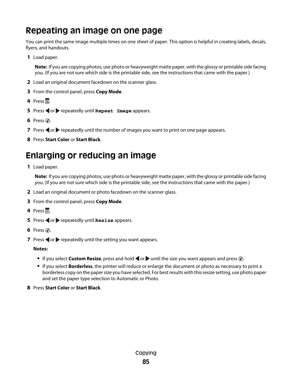 Enlarging or reducing an image, Repeating an image on one page | Lexmark 5300 Series User Manual | Page 85 / 194