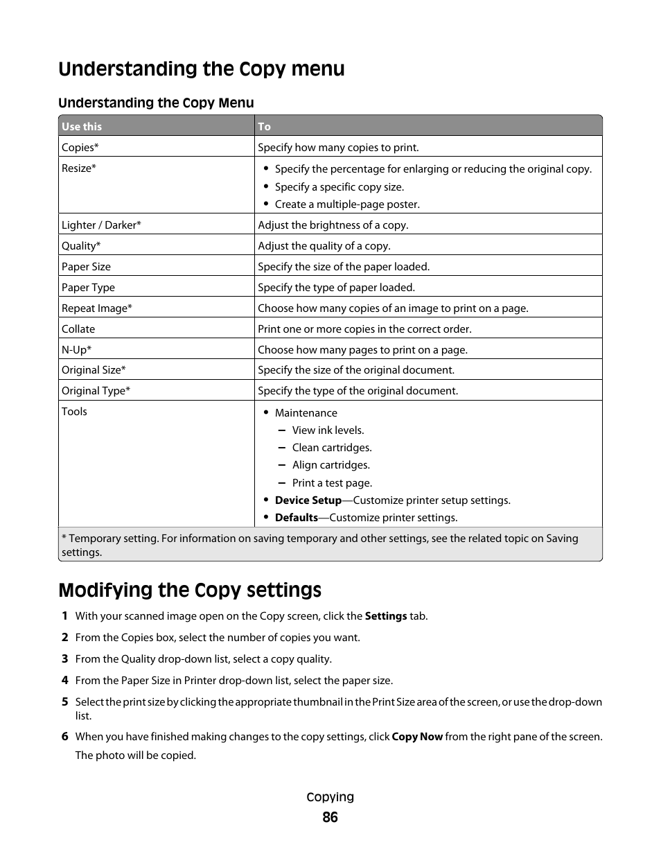 Understanding the copy menu, Modifying the copy settings | Lexmark 5300 Series User Manual | Page 86 / 194
