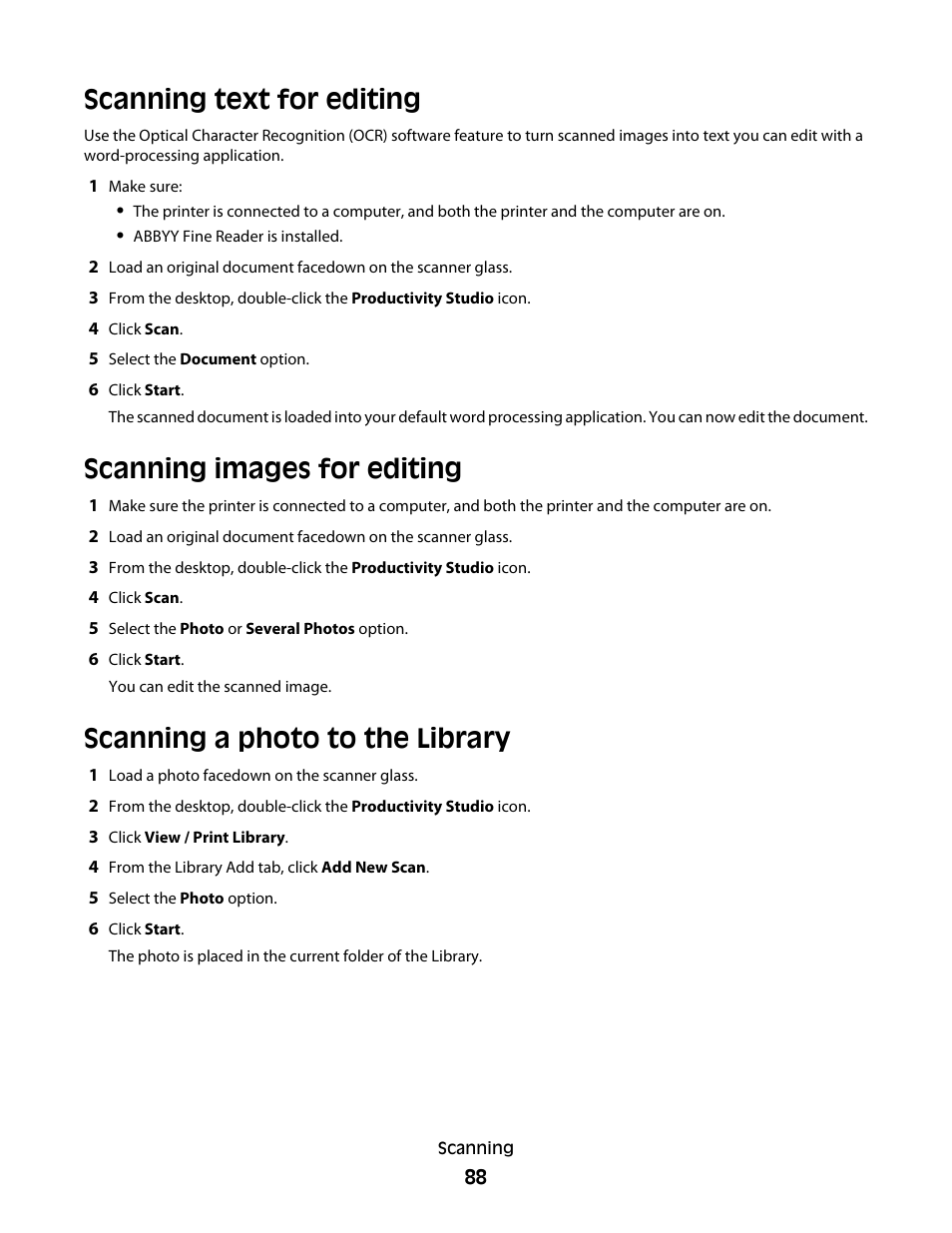 Scanning text for editing, Scanning images for editing, Scanning a photo to the library | Lexmark 5300 Series User Manual | Page 88 / 194