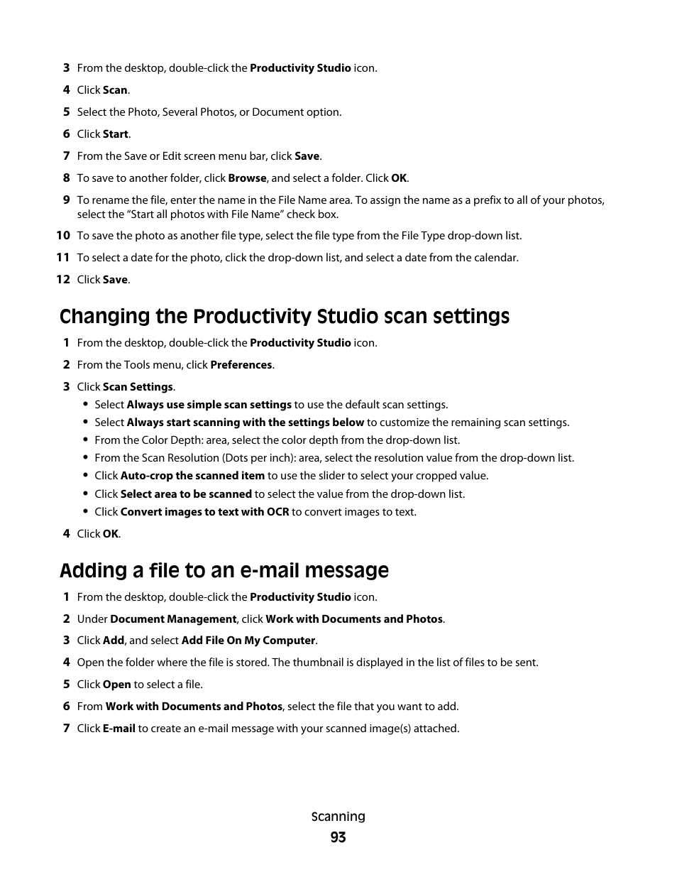 Changing the productivity studio scan settings, Adding a file to an e-mail message | Lexmark 5300 Series User Manual | Page 93 / 194