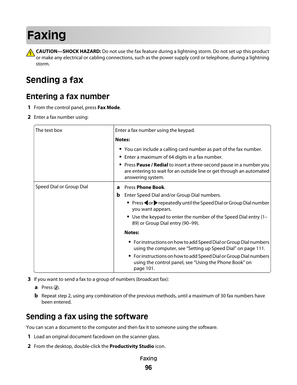 Faxing, Sending a fax, Entering a fax number | Sending a fax using the software | Lexmark 5300 Series User Manual | Page 96 / 194