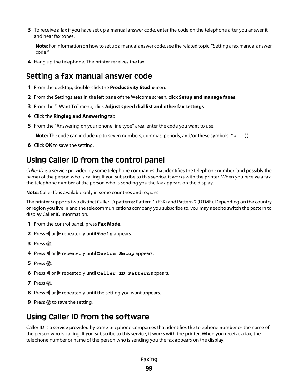Setting a fax manual answer code, Using caller id from the control panel, Using caller id from the software | Lexmark 5300 Series User Manual | Page 99 / 194