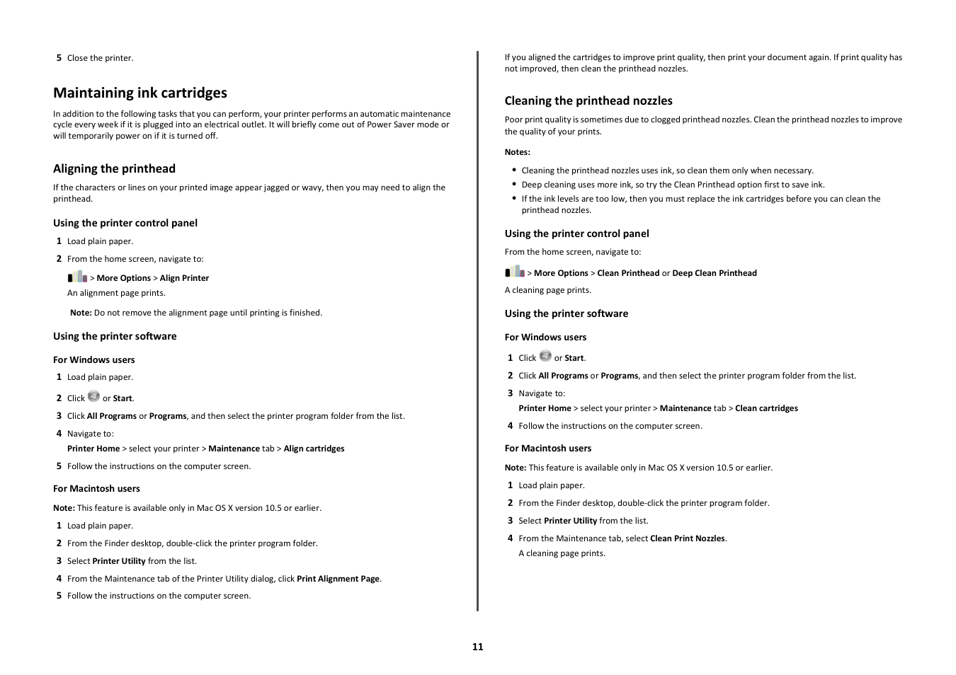 Maintaining ink cartridges, Aligning the printhead, Cleaning the printhead nozzles | Lexmark S600 User Manual | Page 11 / 25