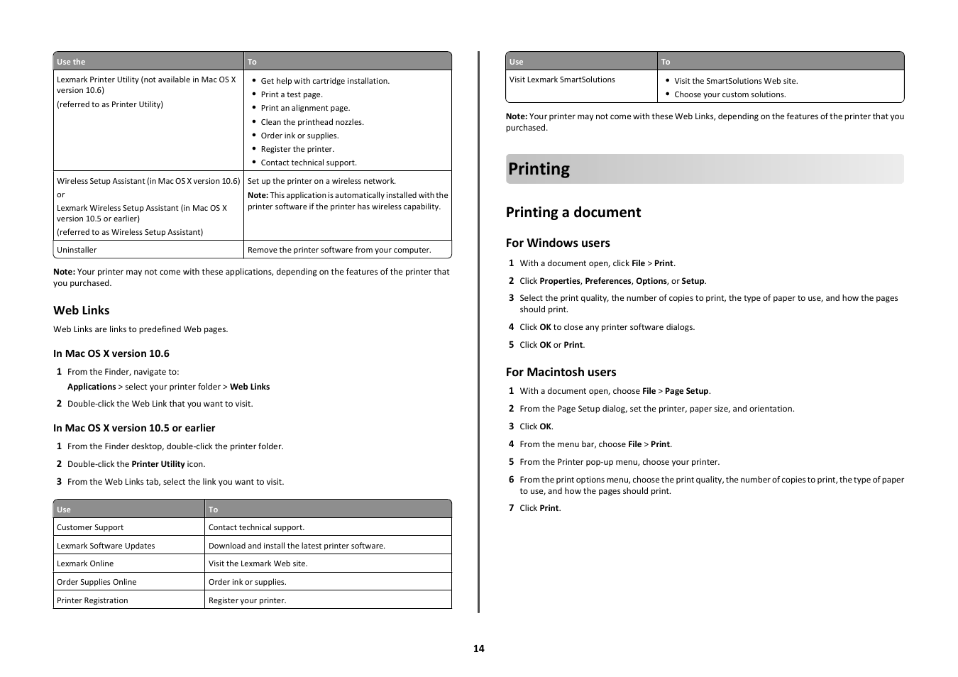 Printing, Printing a document, Web links | For windows users, For macintosh users | Lexmark S600 User Manual | Page 14 / 25