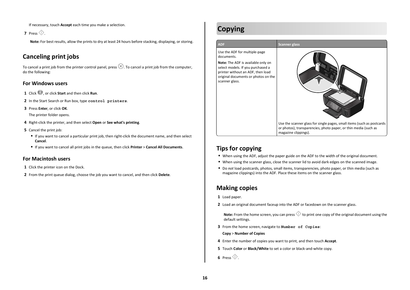 Canceling print jobs, Copying, Tips for copying | Making copies | Lexmark S600 User Manual | Page 16 / 25