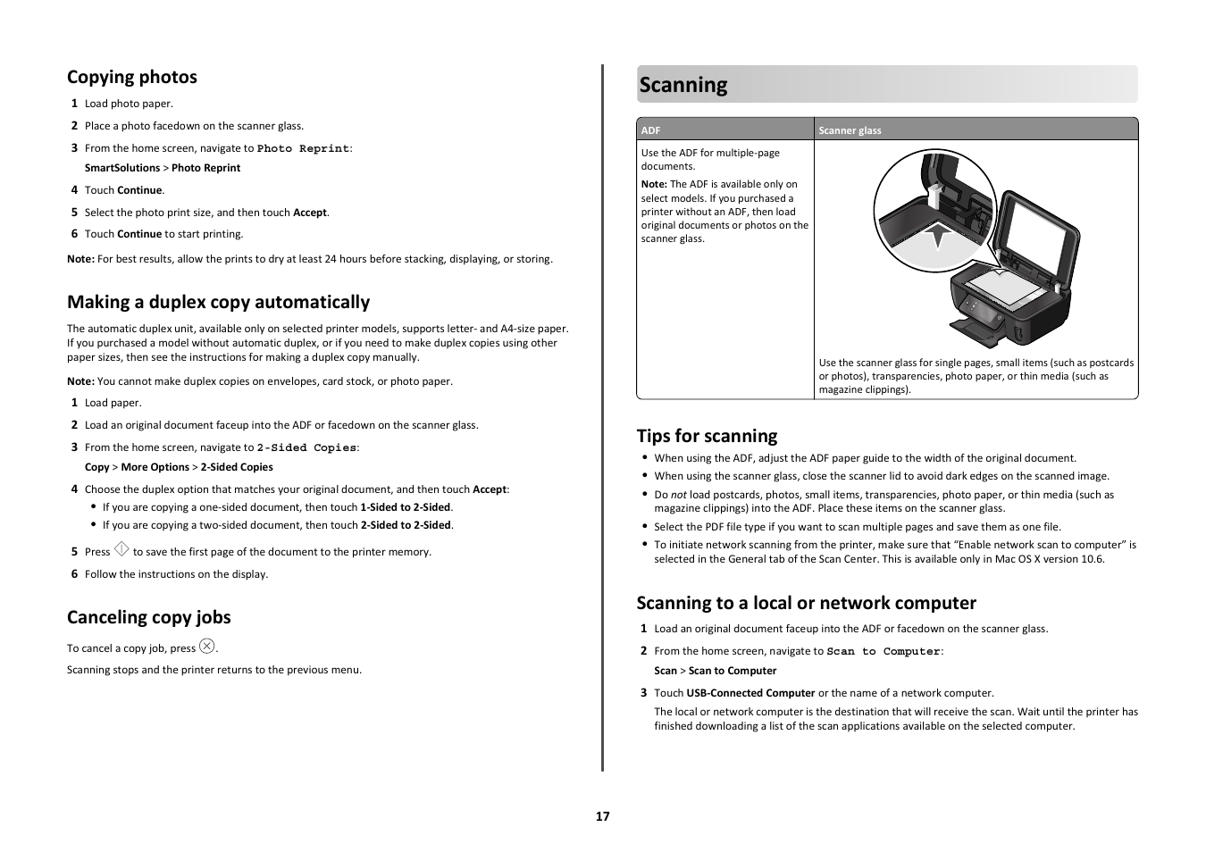 Copying photos, Making a duplex copy automatically, Canceling copy jobs | Scanning, Tips for scanning, Scanning to a local or network computer | Lexmark S600 User Manual | Page 17 / 25