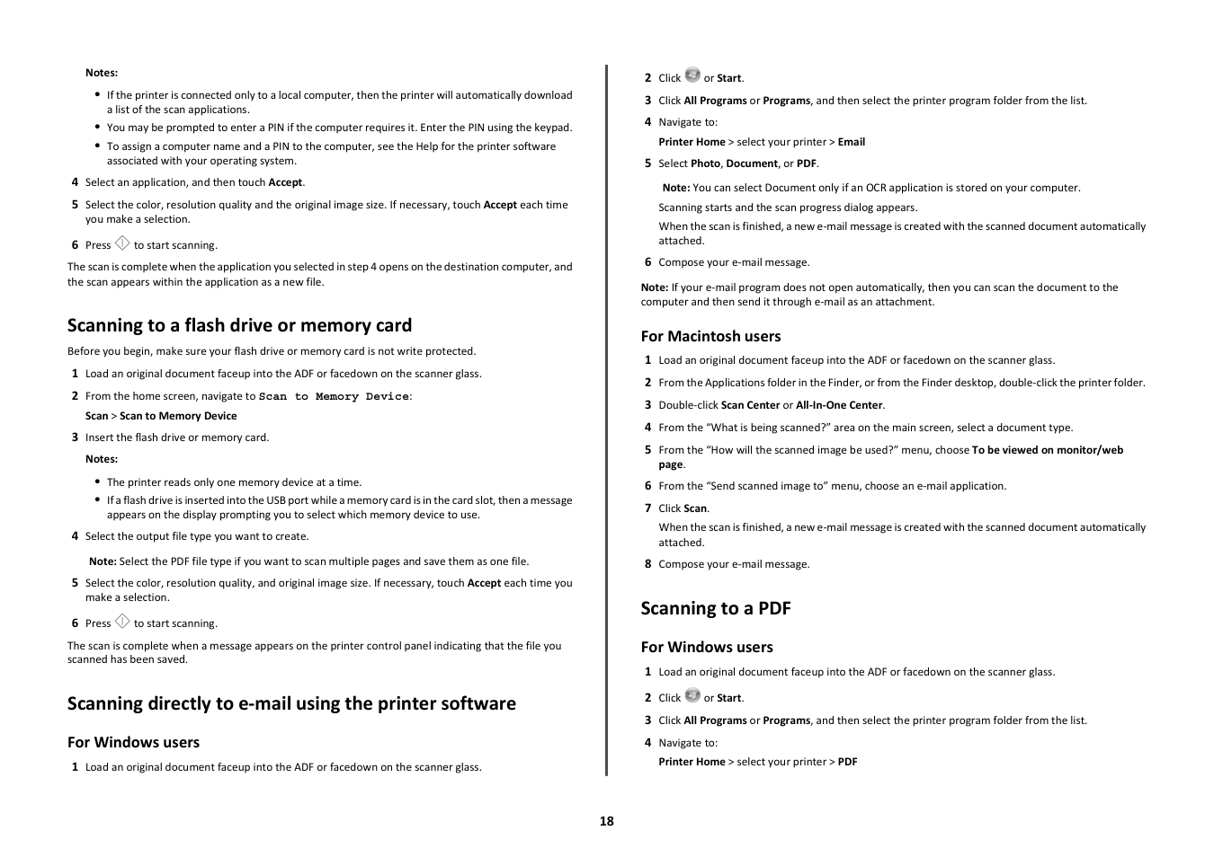 Scanning to a flash drive or memory card, Scanning to a pdf | Lexmark S600 User Manual | Page 18 / 25