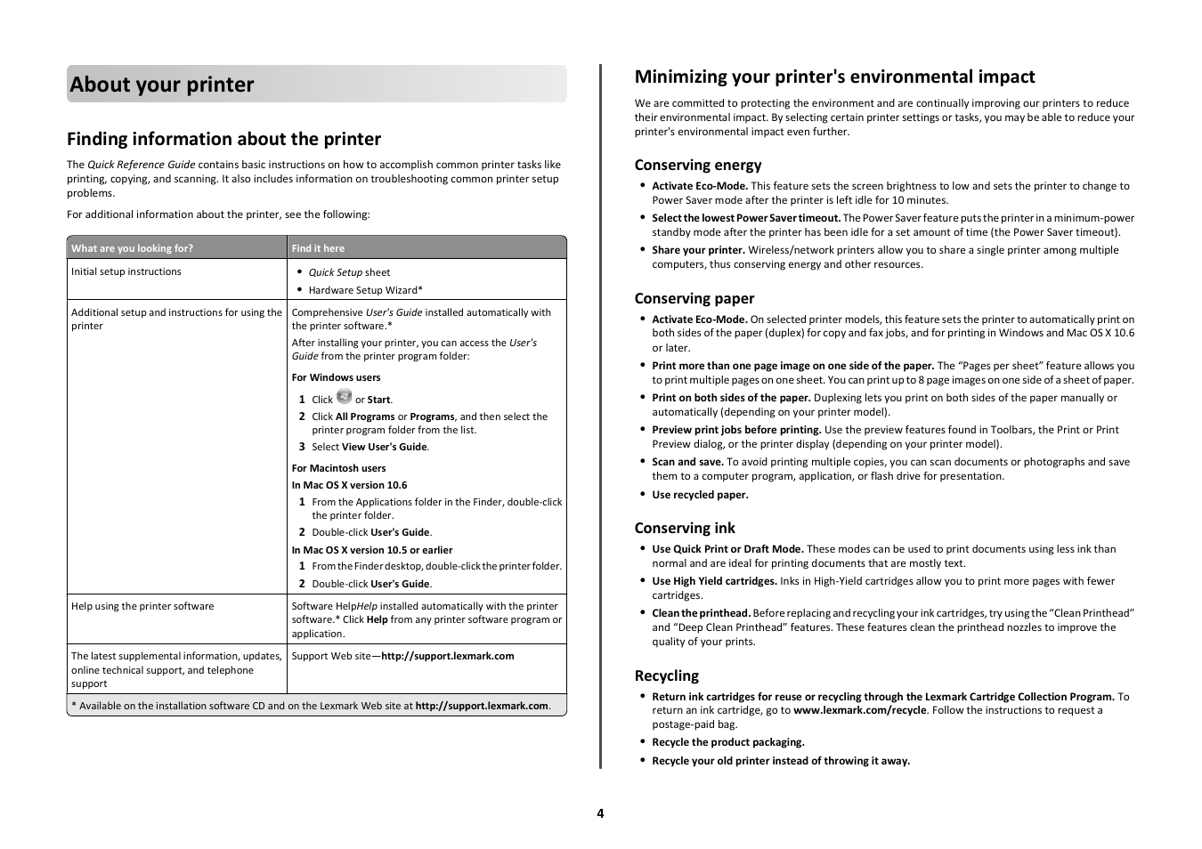 About your printer, Finding information about the printer, Minimizing your printer's environmental impact | Conserving energy, Conserving paper, Conserving ink, Recycling | Lexmark S600 User Manual | Page 4 / 25