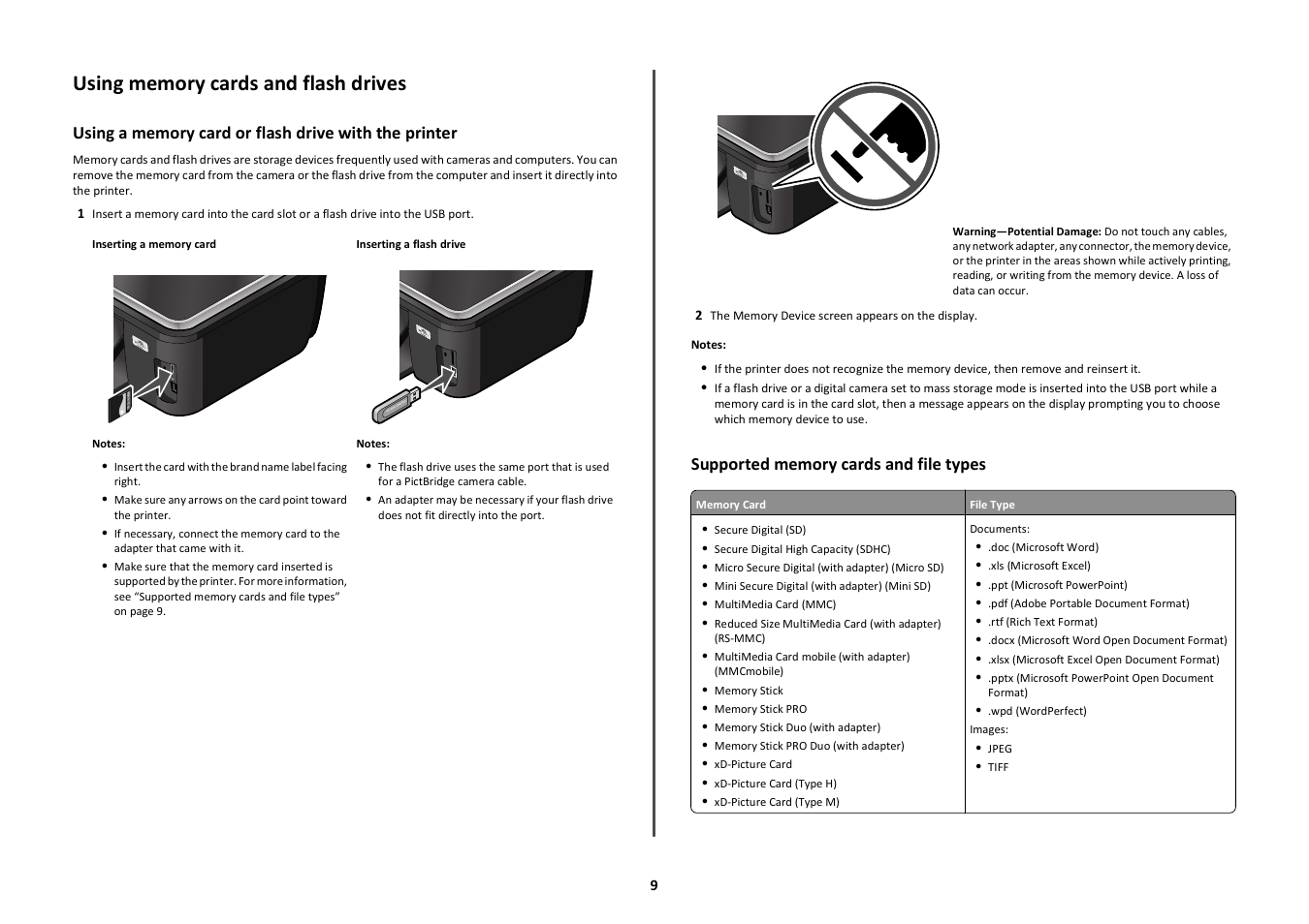 Using memory cards and flash drives, Supported memory cards and file types | Lexmark S600 User Manual | Page 9 / 25