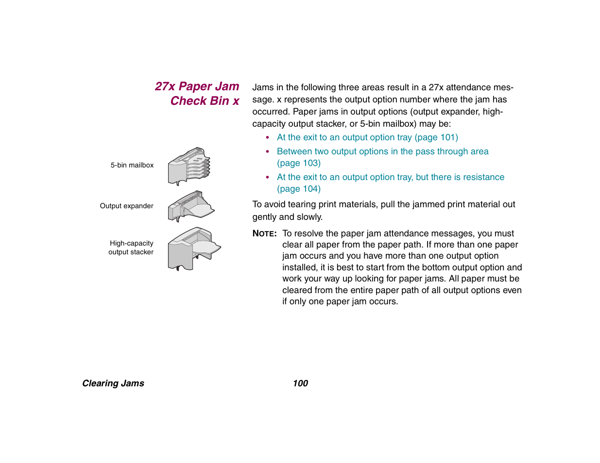 27x paper jam check bin x, 27x paper jam | Lexmark All in One Printer User Manual | Page 100 / 123