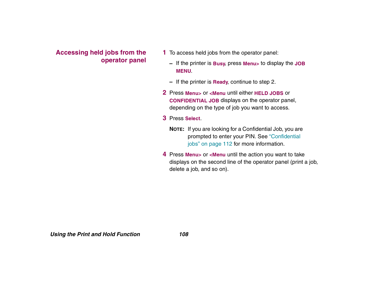 Accessing held jobs from the operator panel | Lexmark All in One Printer User Manual | Page 108 / 123