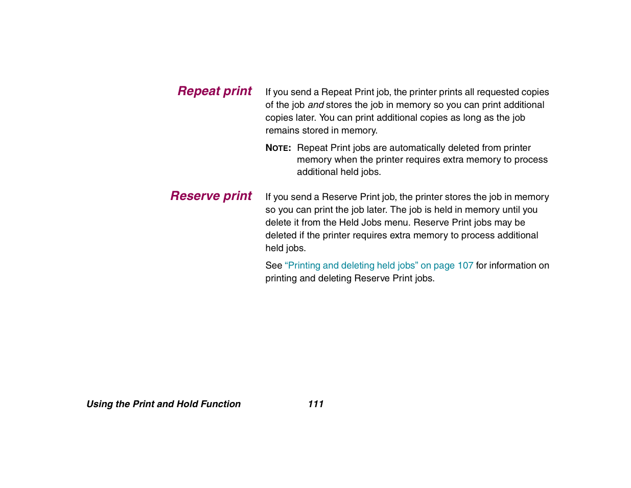 Repeat print, Reserve print | Lexmark All in One Printer User Manual | Page 111 / 123