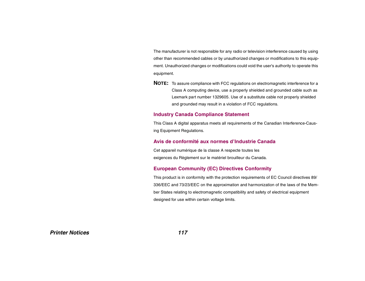 Industry canada compliance statement, Avis de conformité aux normes d’industrie canada, European community (ec) directives conformity | Lexmark All in One Printer User Manual | Page 117 / 123
