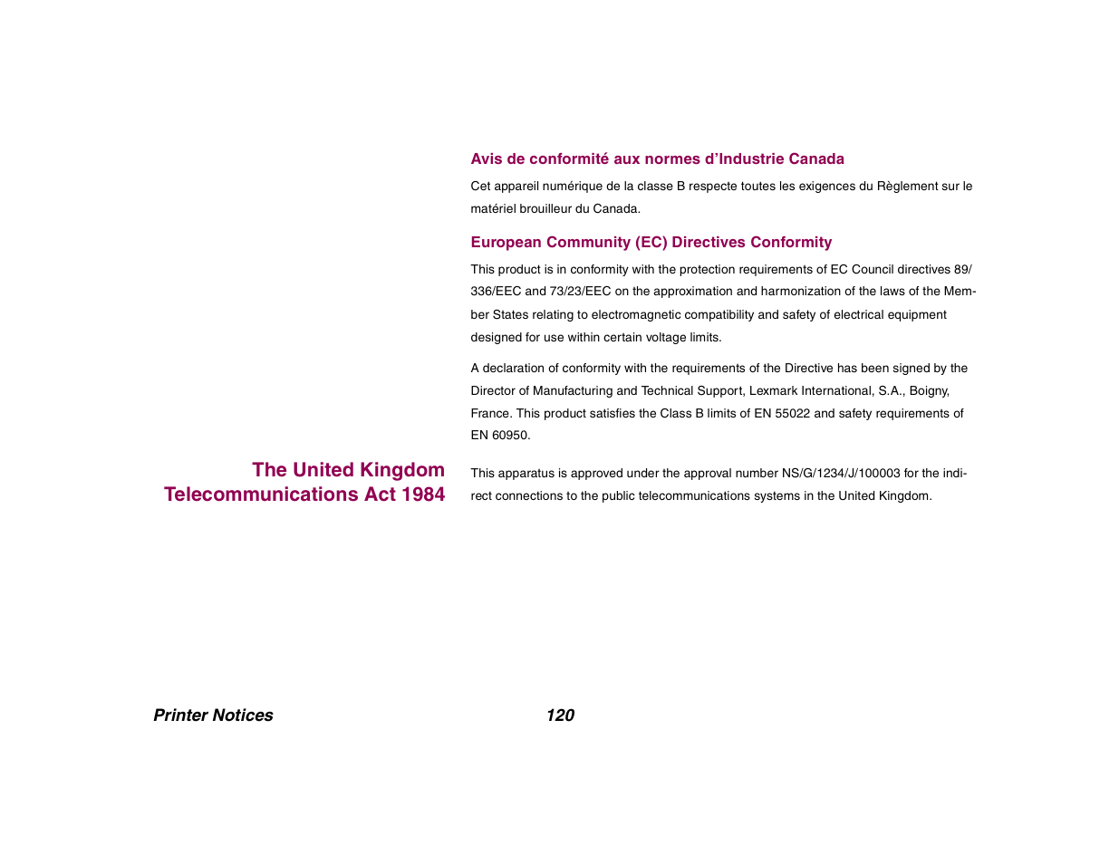 Avis de conformité aux normes d’industrie canada, European community (ec) directives conformity, The united kingdom telecommunications act 1984 | Lexmark All in One Printer User Manual | Page 120 / 123