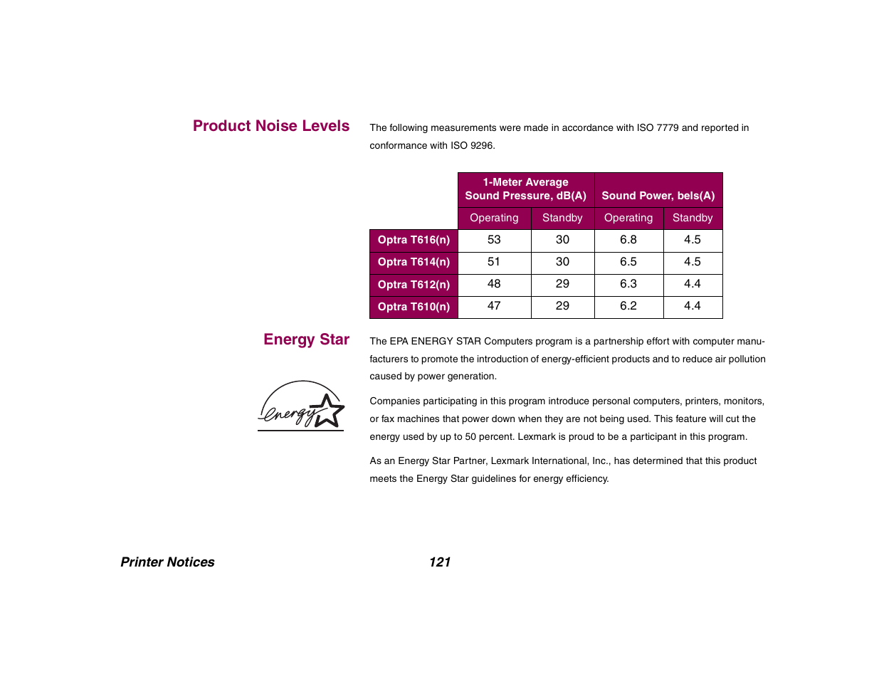 Product noise levels, Energy star | Lexmark All in One Printer User Manual | Page 121 / 123