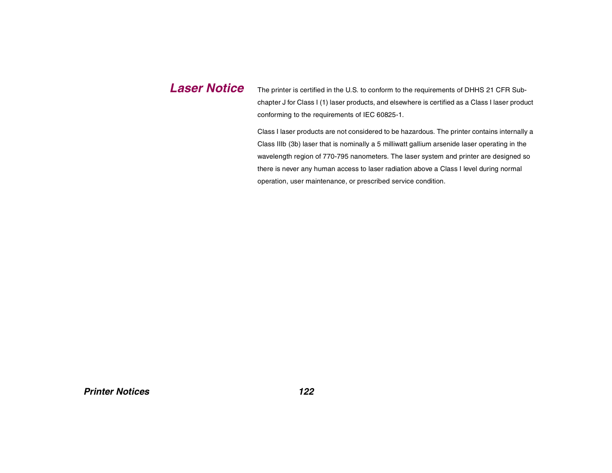 Laser notice | Lexmark All in One Printer User Manual | Page 122 / 123