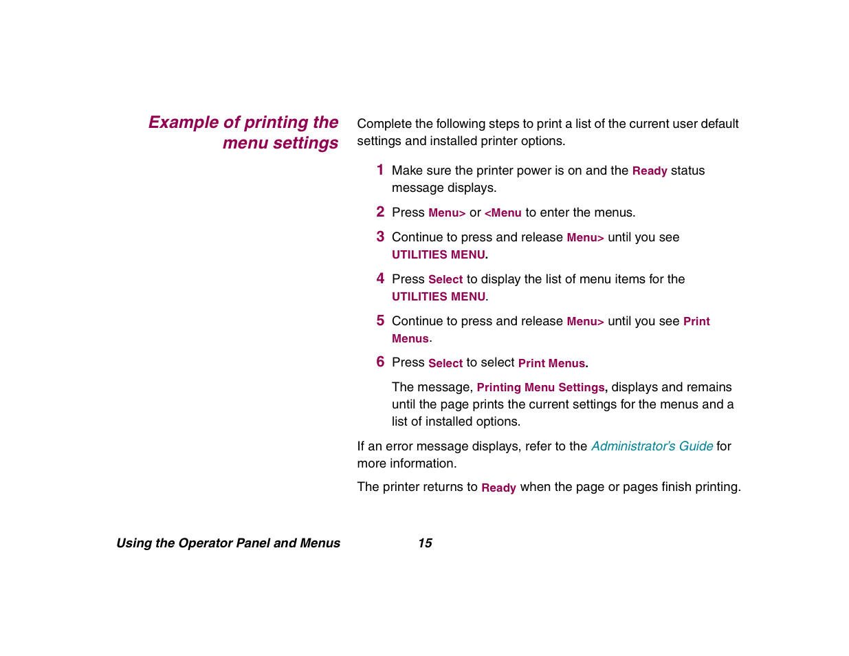 Example of printing the menu settings | Lexmark All in One Printer User Manual | Page 15 / 123