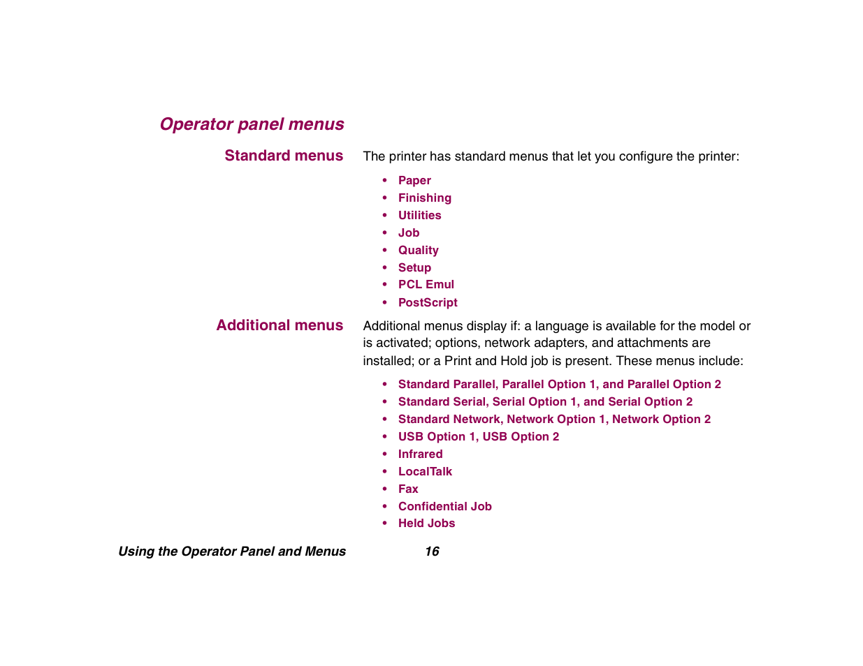 Operator panel menus, Standard menus, Additional menus | Lexmark All in One Printer User Manual | Page 16 / 123