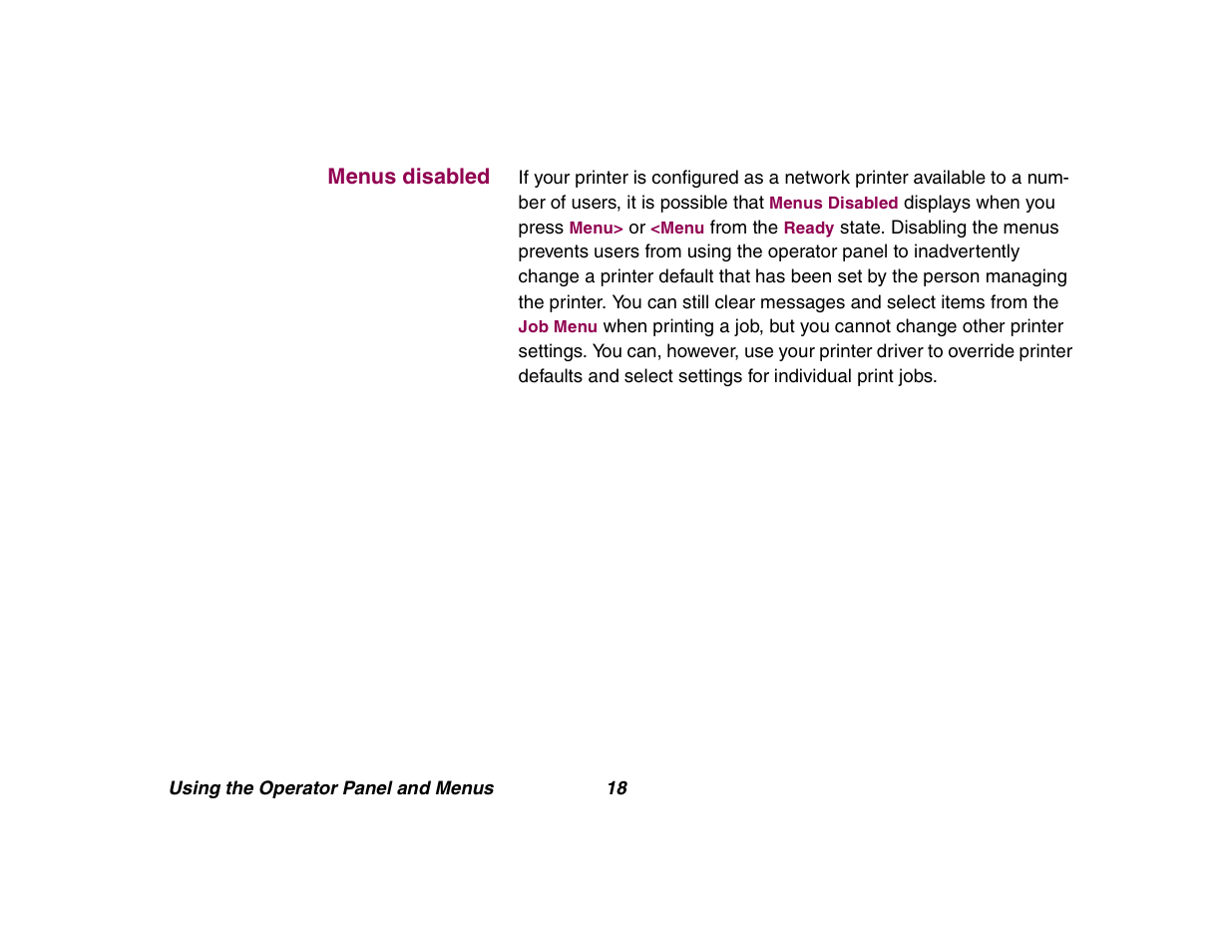 Menus disabled | Lexmark All in One Printer User Manual | Page 18 / 123