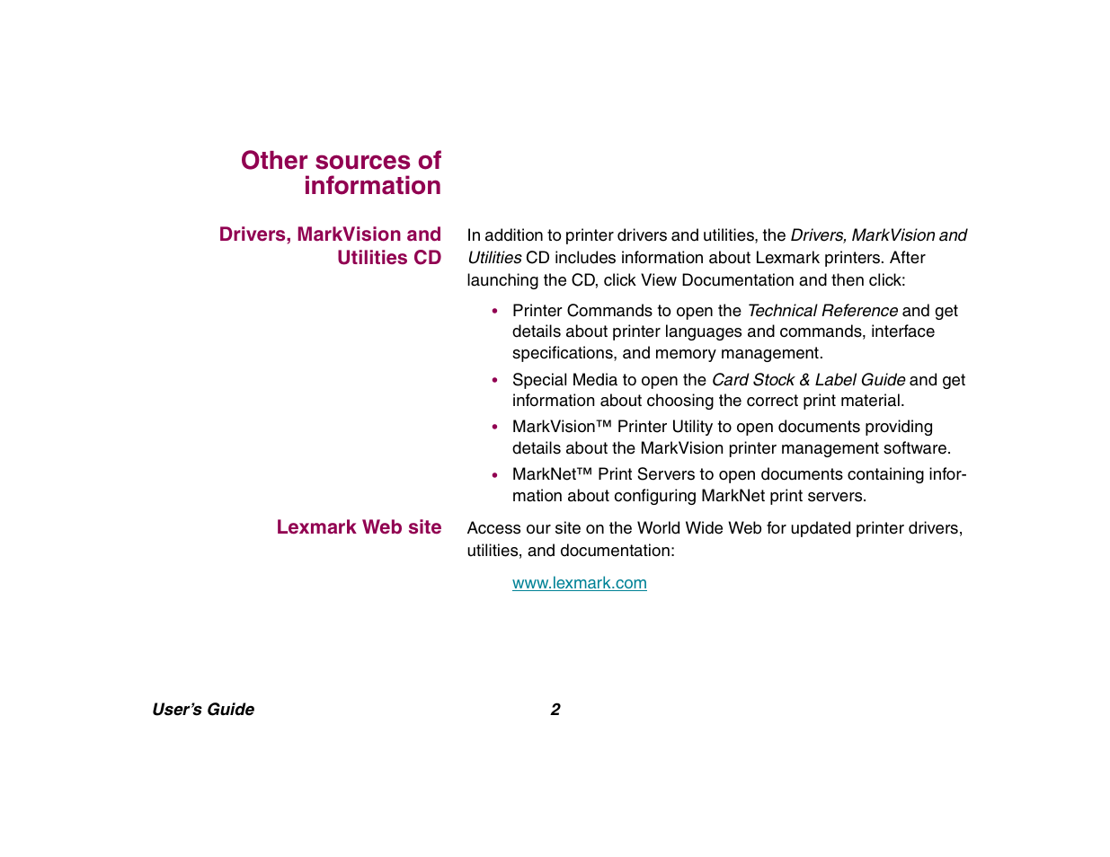 Other sources of information, Drivers, markvision and utilitiescd, Lexmark web site | Lexmark All in One Printer User Manual | Page 2 / 123