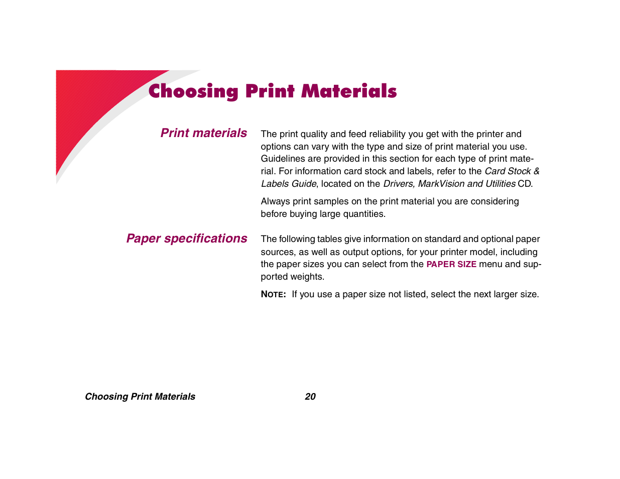 Choosing print materials, Print materials, Paper specifications | Lexmark All in One Printer User Manual | Page 20 / 123