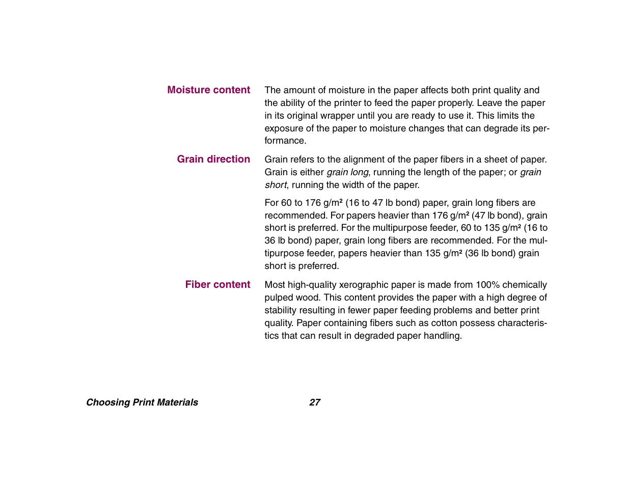 Moisture content, Grain direction, Fiber content | Lexmark All in One Printer User Manual | Page 27 / 123