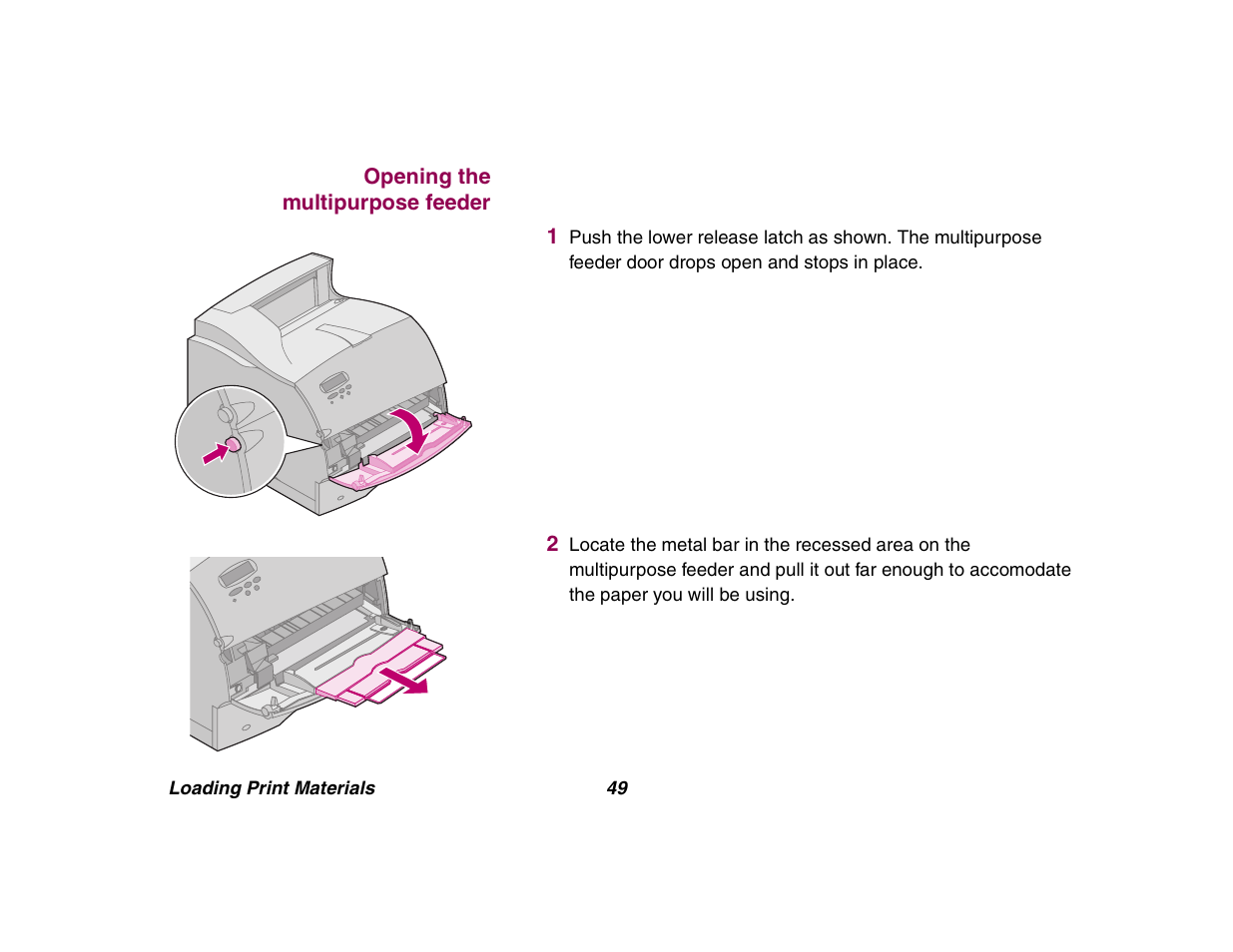 Opening the multipurposefeeder | Lexmark All in One Printer User Manual | Page 49 / 123