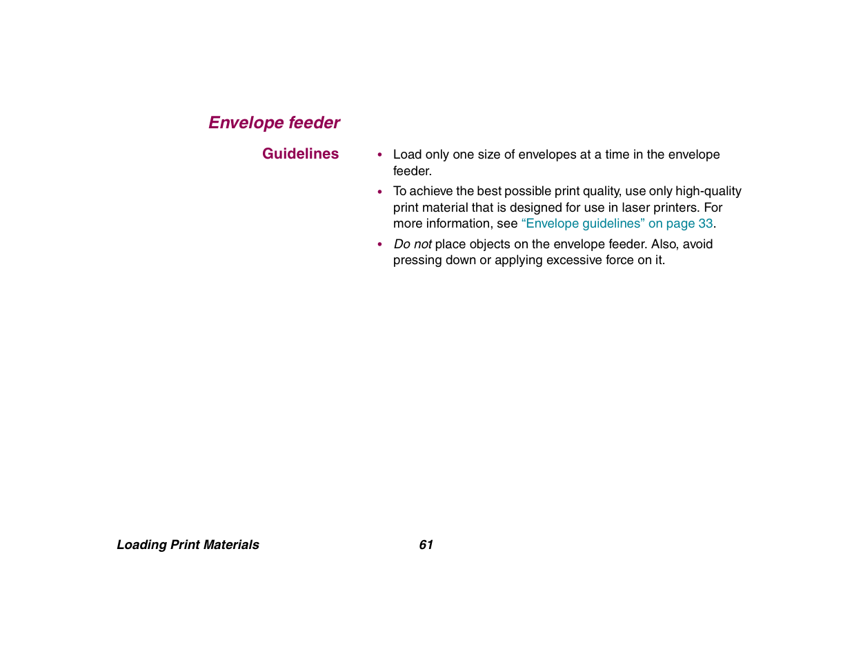 Envelope feeder, Guidelines | Lexmark All in One Printer User Manual | Page 61 / 123