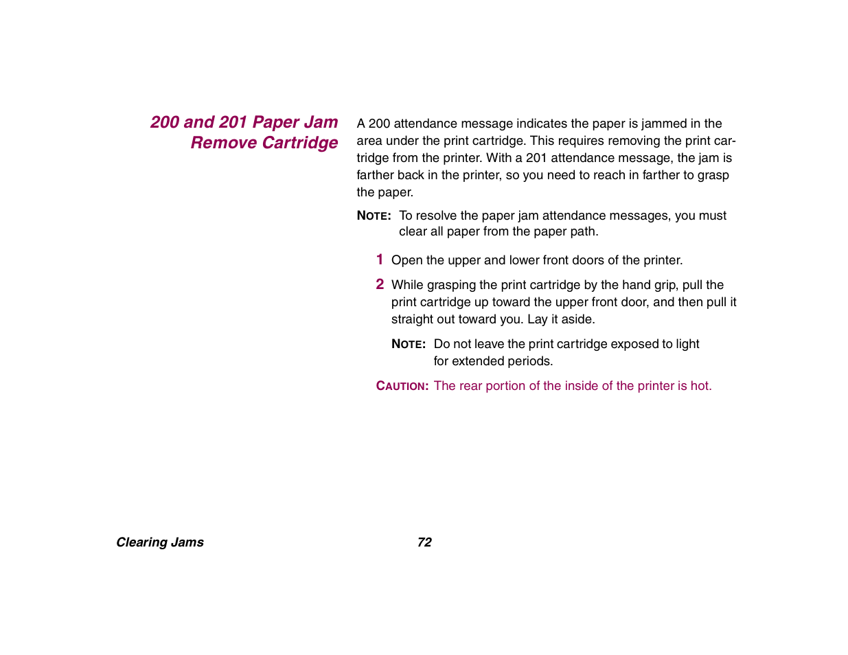 200 and 201 paper jam remove cartridge, 201 paper jam, 200 paper jam | Lexmark All in One Printer User Manual | Page 72 / 123