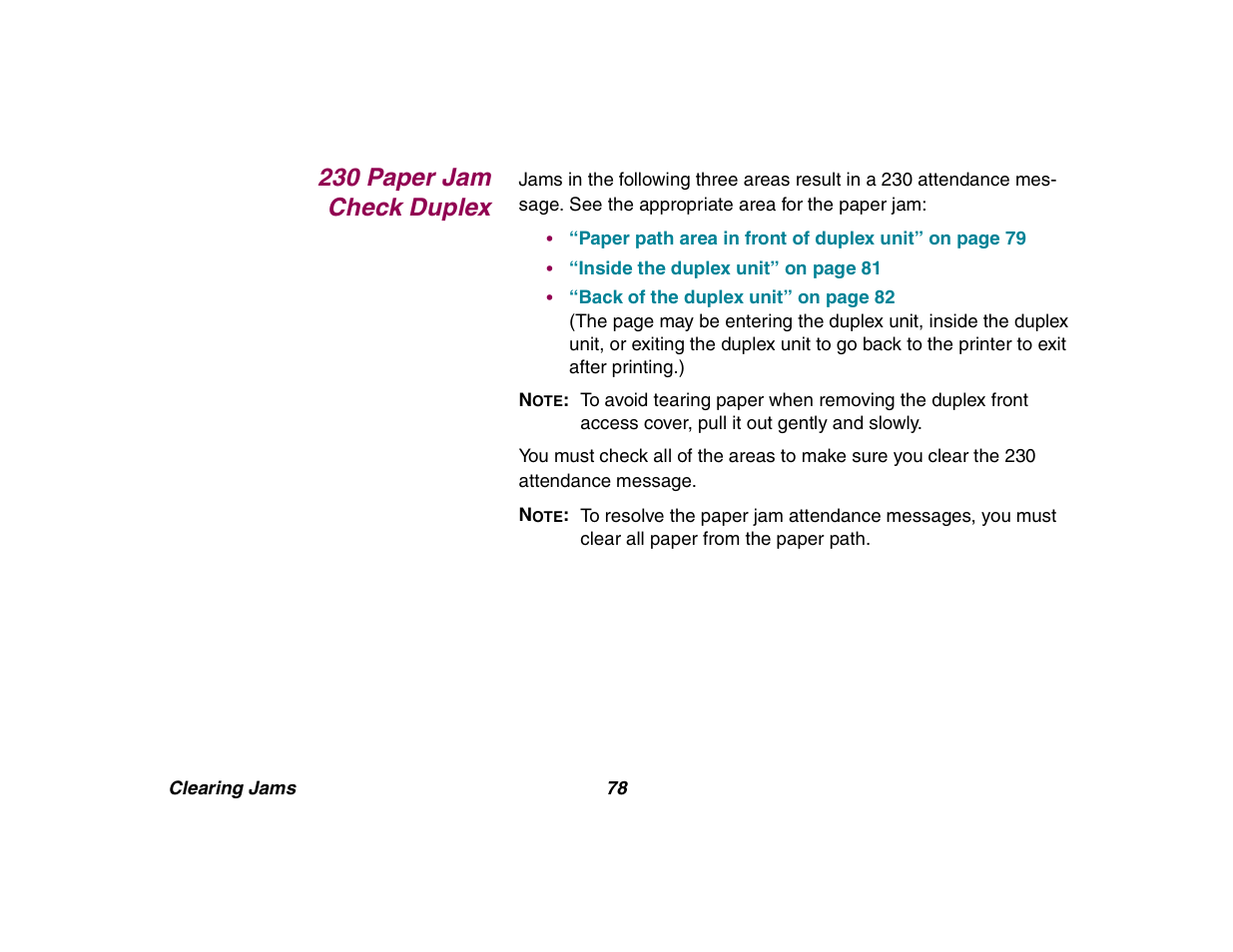 230 paper jam check duplex, 230 paper jam | Lexmark All in One Printer User Manual | Page 78 / 123