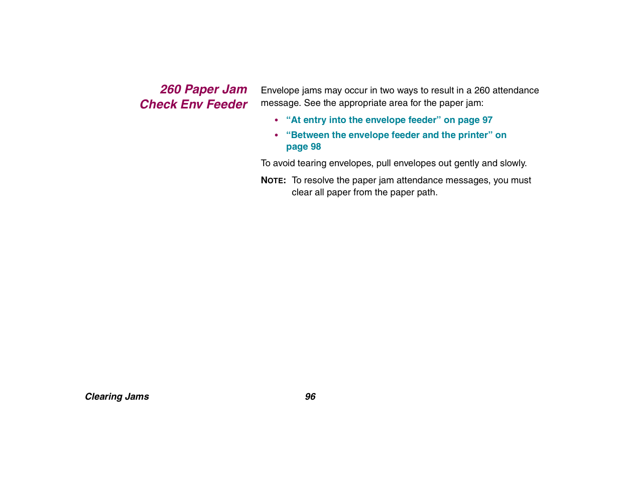 260 paper jam check env feeder, 260 paper jam | Lexmark All in One Printer User Manual | Page 96 / 123