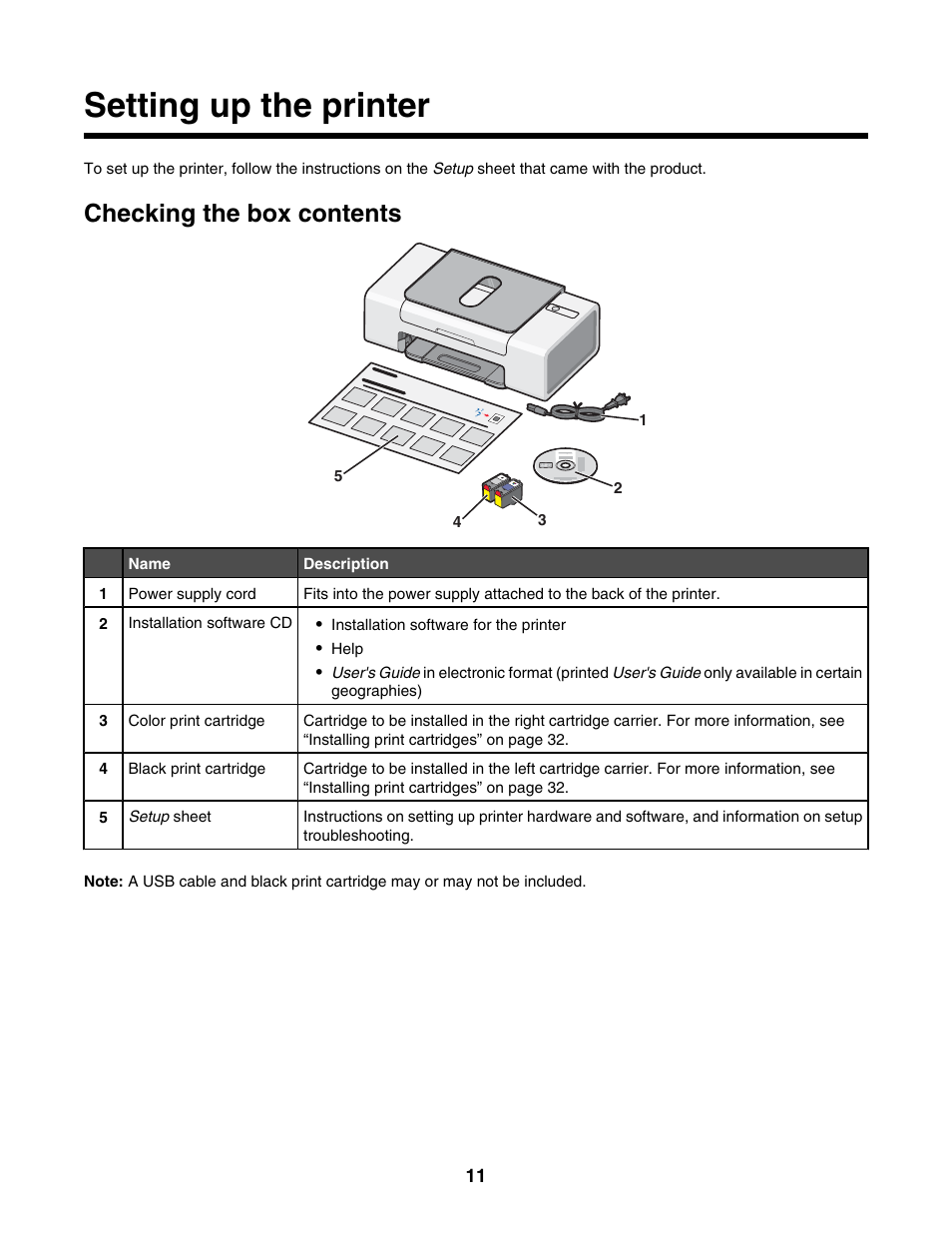 Setting up the printer, Checking the box contents | Lexmark 1300 Series User Manual | Page 11 / 53