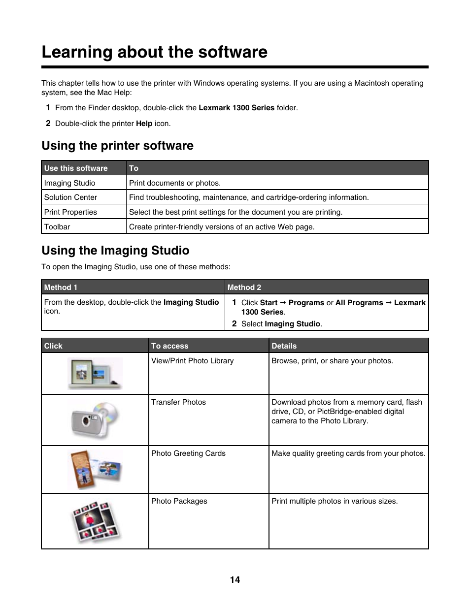 Learning about the software, Using the printer software, Using the imaging studio | Lexmark 1300 Series User Manual | Page 14 / 53