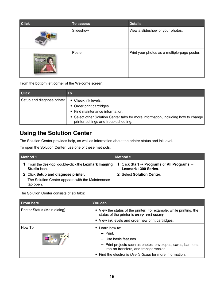 Using the solution center | Lexmark 1300 Series User Manual | Page 15 / 53