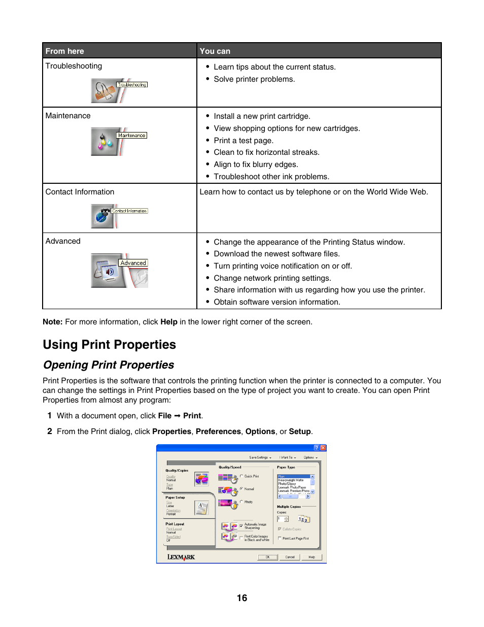 Using print properties, Opening print properties | Lexmark 1300 Series User Manual | Page 16 / 53