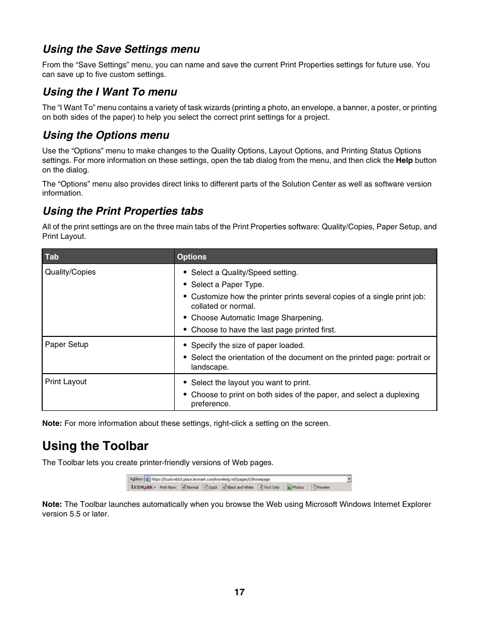 Using the save settings menu, Using the i want to menu, Using the options menu | Using the print properties tabs, Using the toolbar | Lexmark 1300 Series User Manual | Page 17 / 53