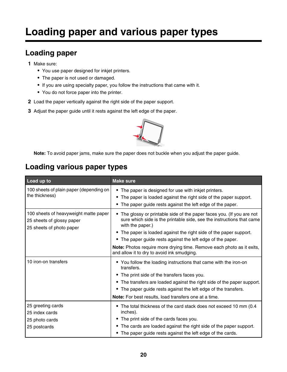 Loading paper and various paper types, Loading paper, Loading various paper types | Lexmark 1300 Series User Manual | Page 20 / 53