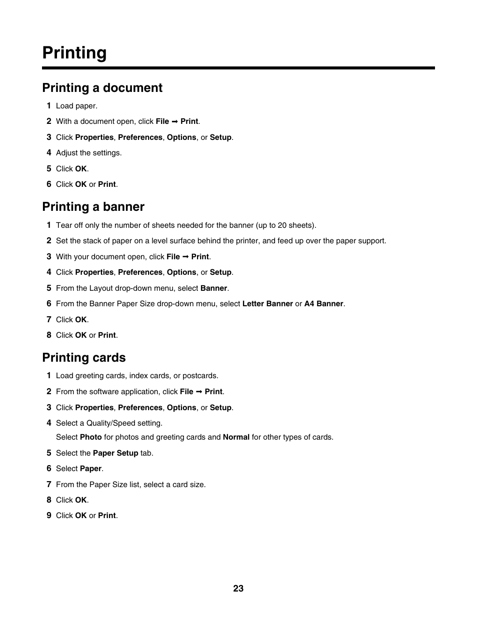 Printing, Printing a document, Printing a banner | Printing cards | Lexmark 1300 Series User Manual | Page 23 / 53
