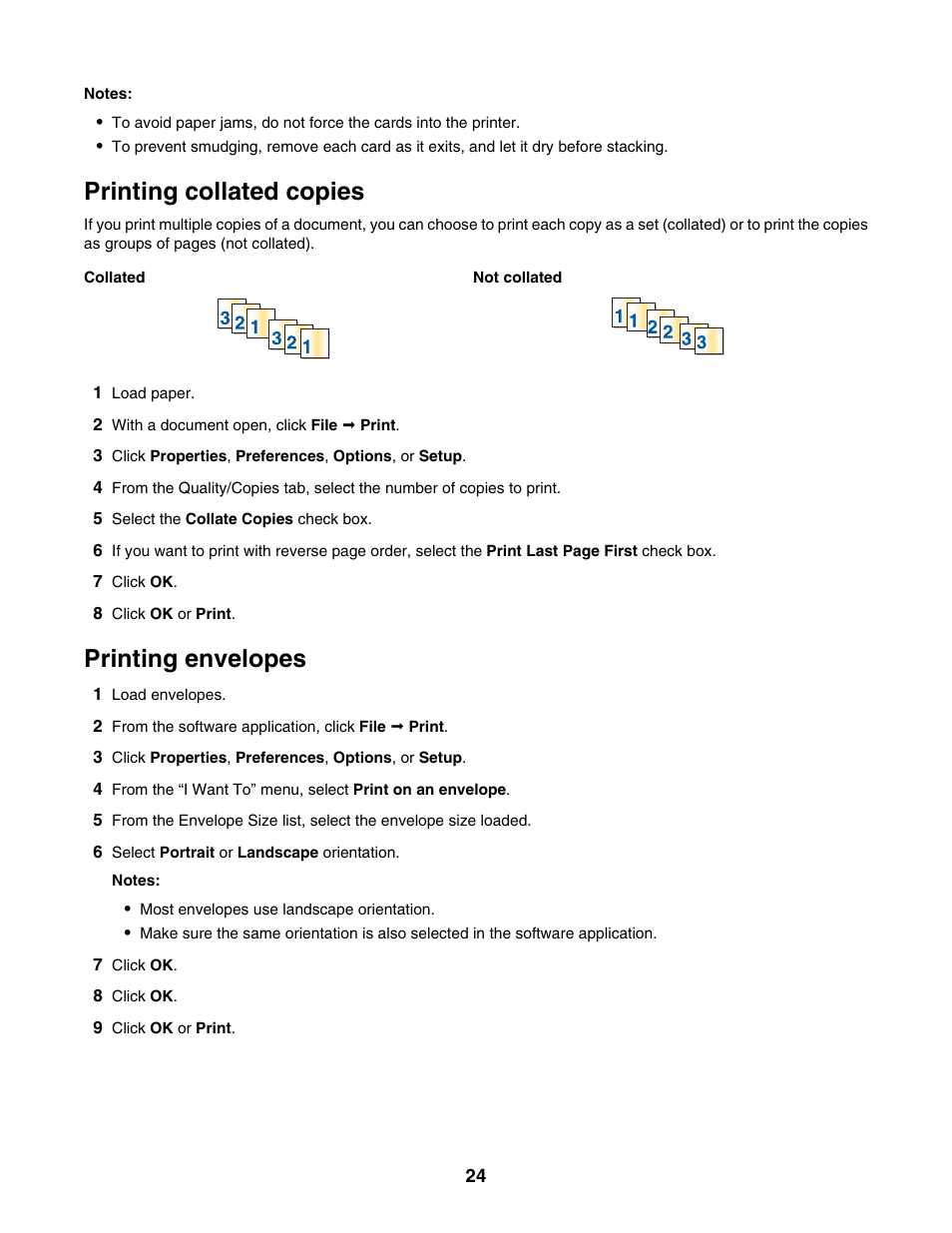 Printing collated copies, Printing envelopes | Lexmark 1300 Series User Manual | Page 24 / 53