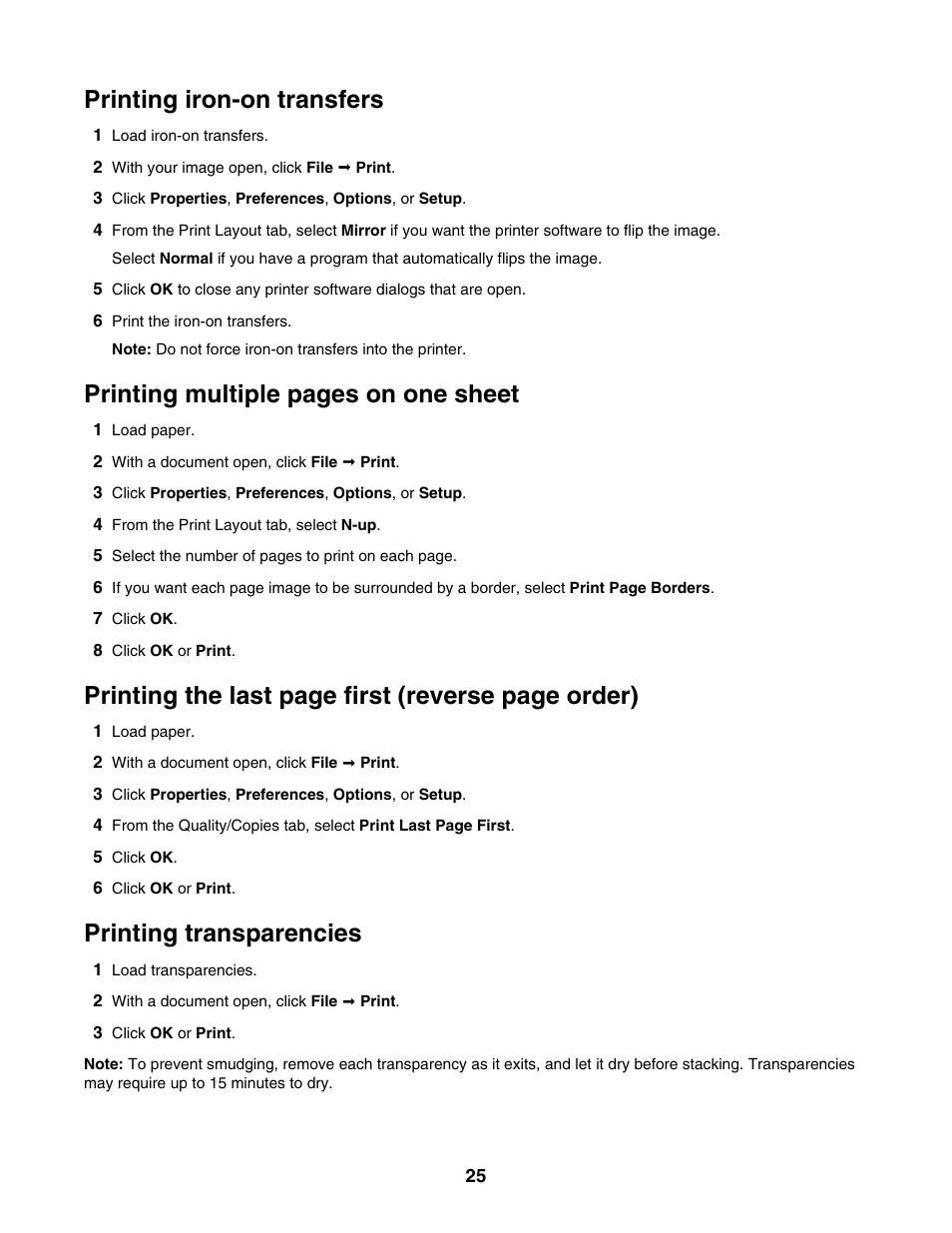 Printing iron-on transfers, Printing transparencies, Printing multiple pages on one sheet | Printing the last page first (reverse page order) | Lexmark 1300 Series User Manual | Page 25 / 53