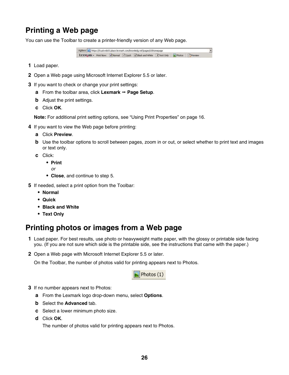 Printing a web page, Printing photos or images from a web page | Lexmark 1300 Series User Manual | Page 26 / 53