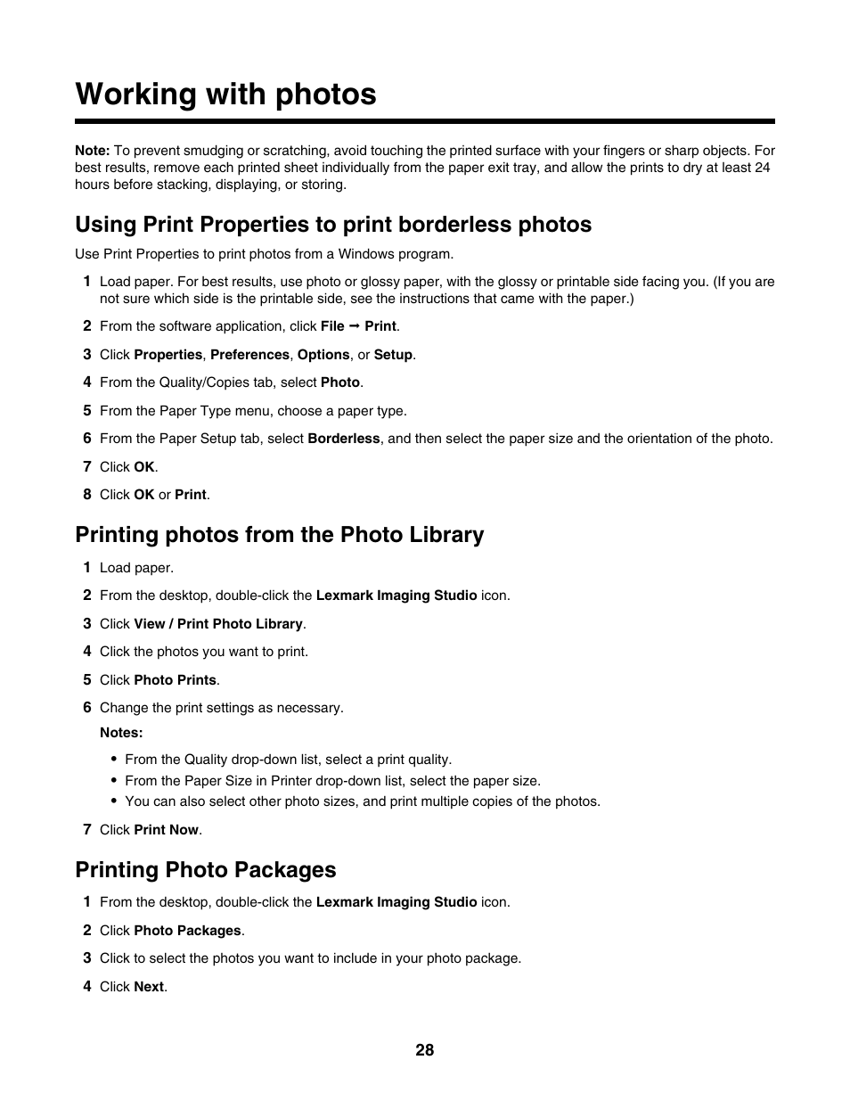 Working with photos, Using print properties to print borderless photos, Printing photos from the photo library | Printing photo packages | Lexmark 1300 Series User Manual | Page 28 / 53