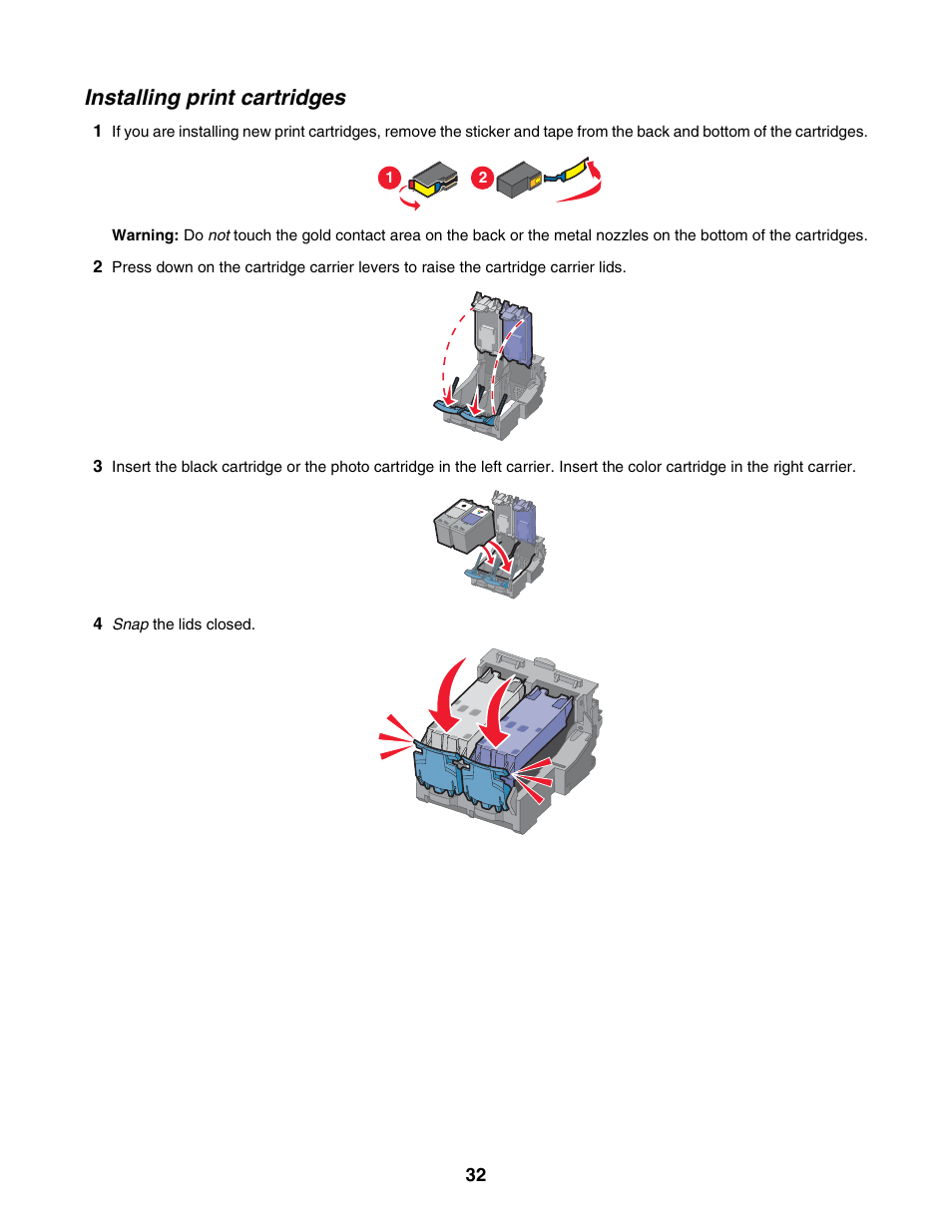 Installing print cartridges | Lexmark 1300 Series User Manual | Page 32 / 53