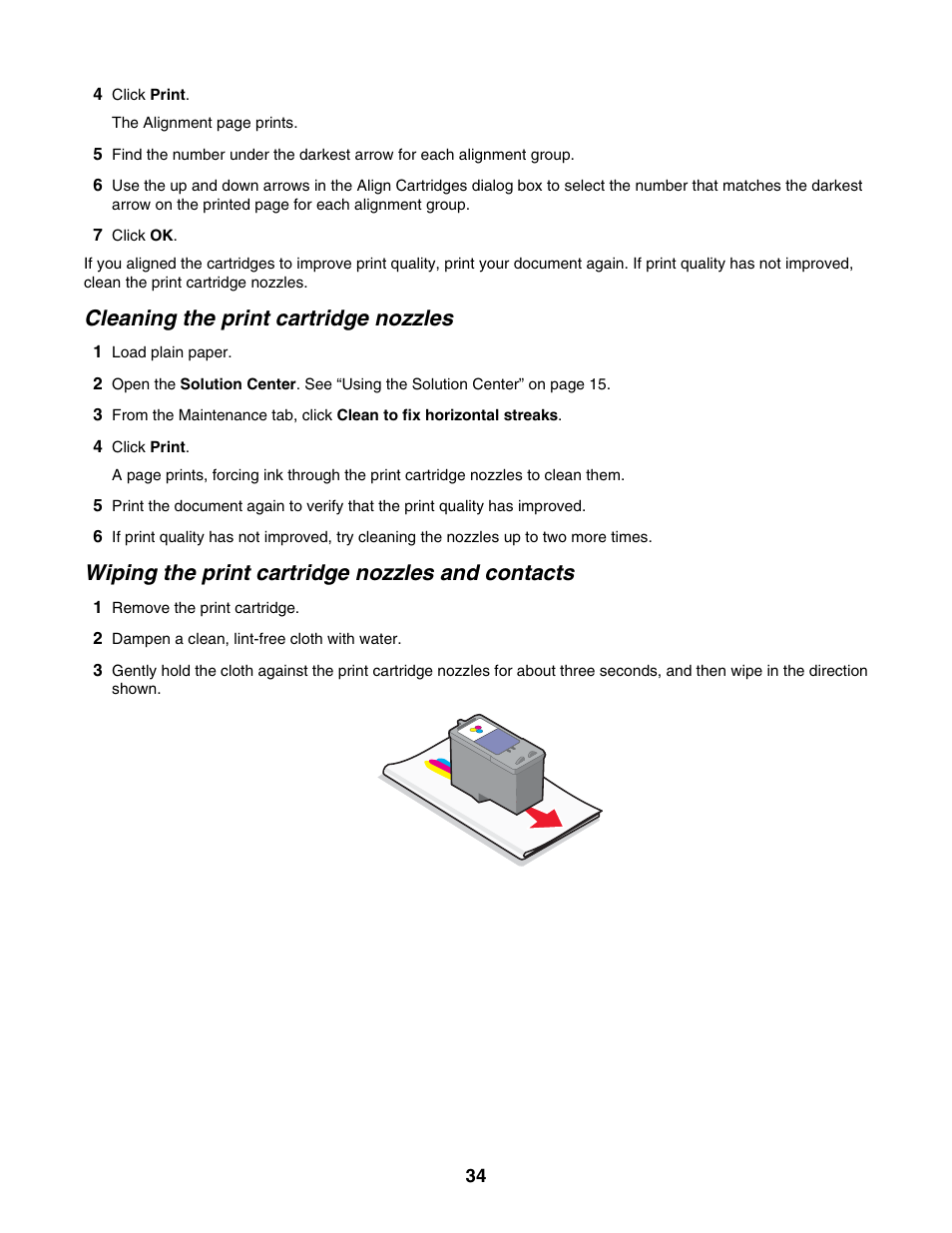 Cleaning the print cartridge nozzles, Wiping the print cartridge nozzles and contacts | Lexmark 1300 Series User Manual | Page 34 / 53