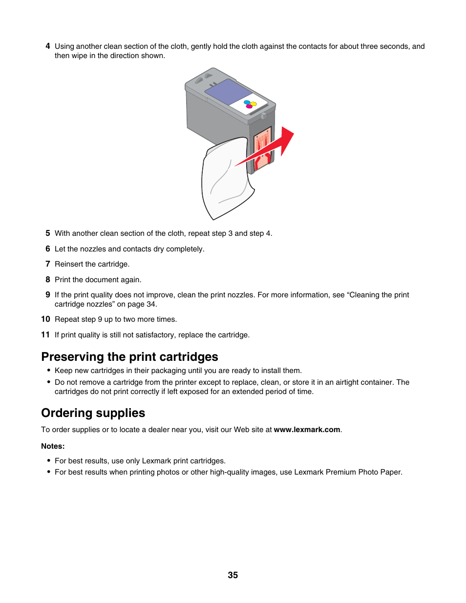 Preserving the print cartridges, Ordering supplies | Lexmark 1300 Series User Manual | Page 35 / 53